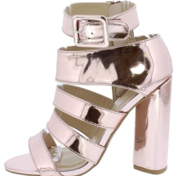 Qupid Shoes - Rose Pink Patent Open Toe Multi Strap Block Heel